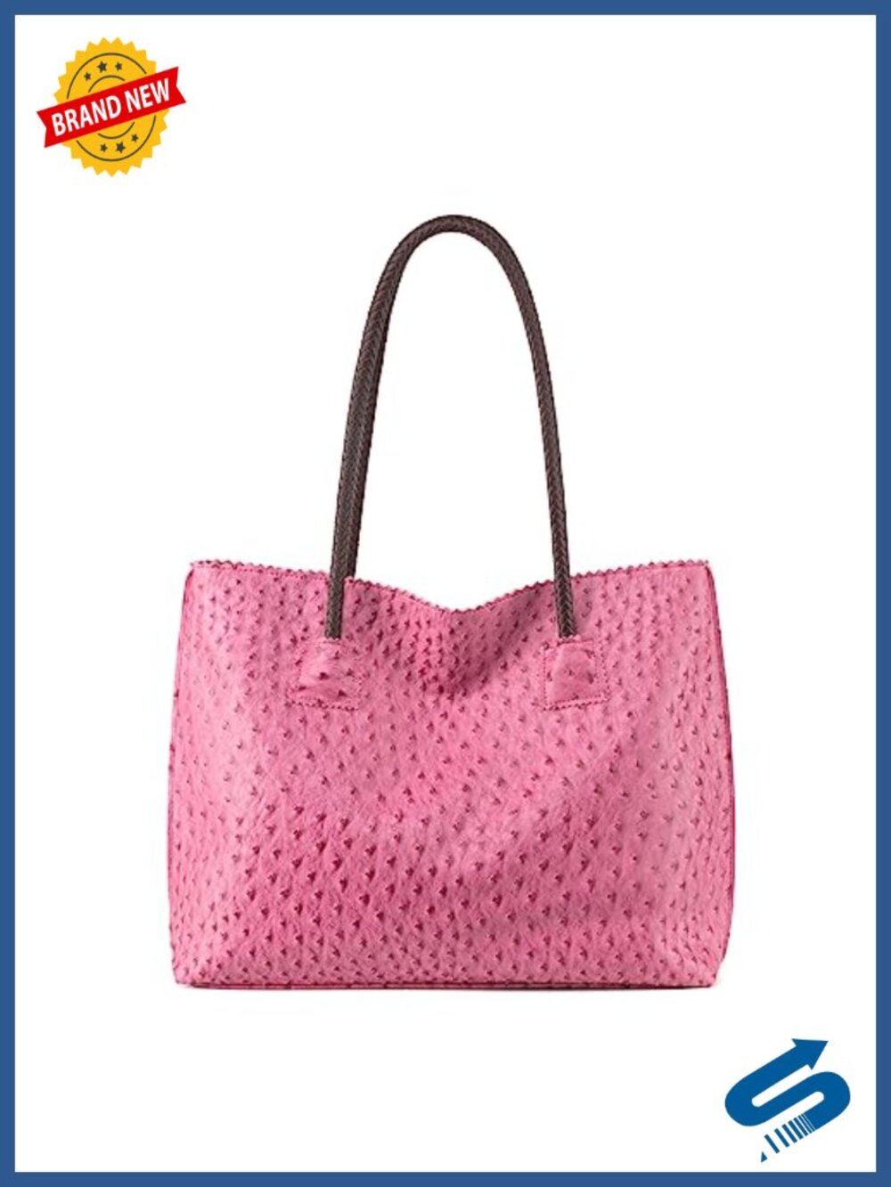 Large Ostrich Vegan Leather Tote Bag with Zipper Braided Handles